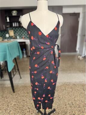 Urban Outfitters Linen Wrap Dress Black Red Tulips Sz Small